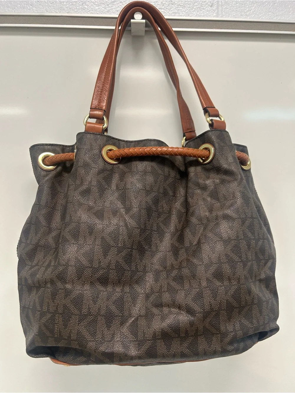 Michael Kors Jet Set large leather Brown Logo Tassel Drawstring Tote